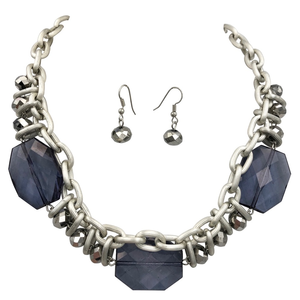 Chunky Blue Silver Beaded Necklace Earrings Set